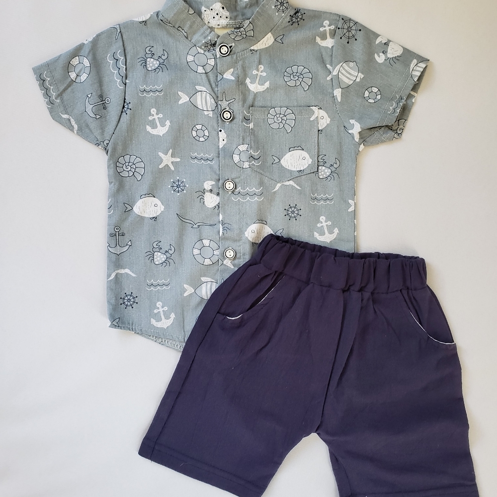New Boutique Boys 2pc Button Shirt and Navy Short
